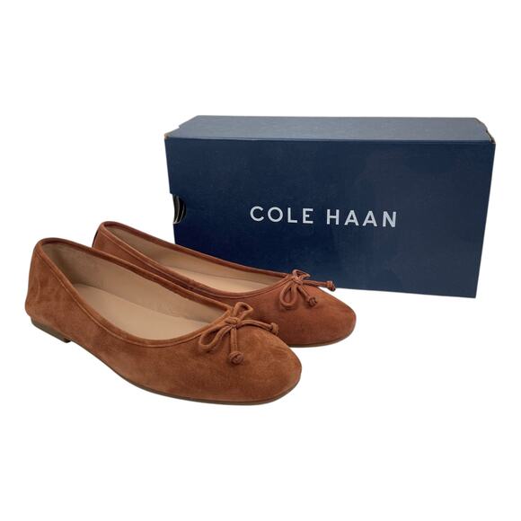 Cole Haan Yara Bow Soft Ballet Flats Dark Cuoio Suede Brown Size 7.5B - Picture 2 of 13